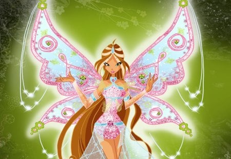 Extra Sparklix - beauty, nice, magic, wings, fantasy, brown hair, pretty, anime, winxclub, magical, long hair, lovely, gown, glow, flora, winx club, wing, beautiful, sweet, fairy, winx, dress