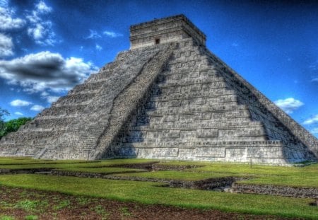 beautiful mayan pyramid in yucatan mexico hdr - clouds, pyramid, hdr, ancient, grass