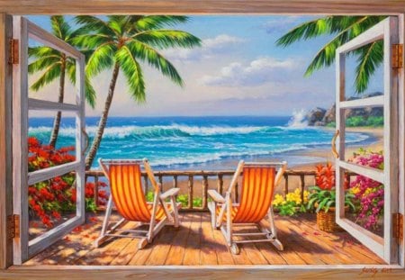 Sea view - pretty, calm, quiet, summer, coast, window, beach, flowers, sailing, shore, view, palm trees, lake, nice, art, sky, palms, water, beautiful, vacation, sea, lovely, rest, sunbed, colorful, river, painting, waves, serenity, sands, pleasant