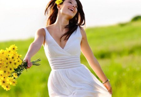 Happy moment - fields, woman, white dress, flowers, smile, happy