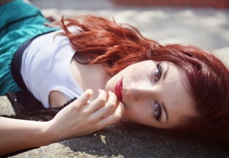 red head girl - red hair, red lips, lying, girl, dress