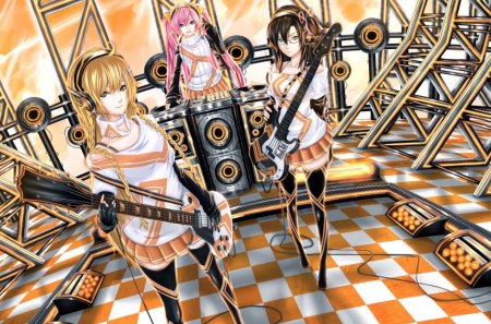 Vocaloid - guitar, girl, music, instrument, black, white, yellow, pink, vocaloid, megurine luka, anime, cute, manga