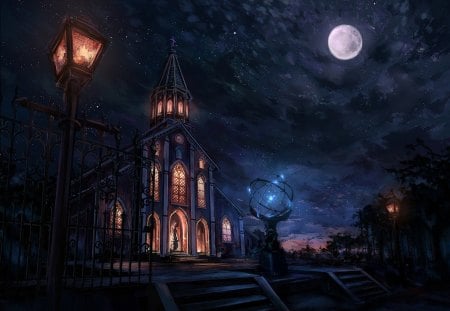 Beautiful night - moon, anime, yellow, blue, night, light, church, lantern, black, fantasy, view, halloween, sky, luna