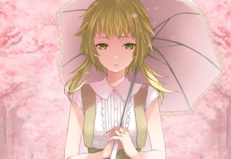 Gumi - anime, girl, spring, green hair, flower, pink, tree, bloom, gumi, manga, umbrella, cute