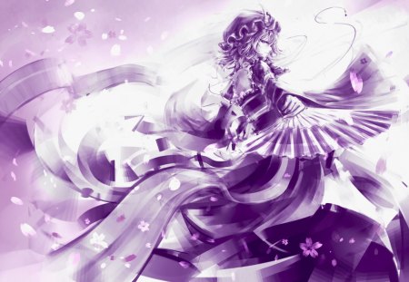 Remilia Scarlet - rozen maiden, anime, dress, girl, fan, spring, petals, pink, manga, wind, purple, remilia scarlet