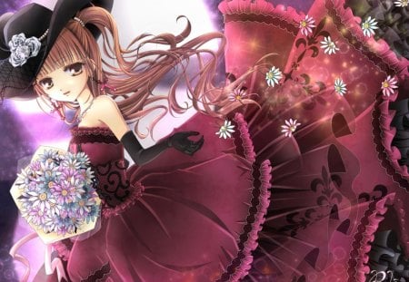 Lolita fashion - hat, bride, bouquet, gothic, black, white, purple, anime, cute, manga, moon, girl, fashion, rozen maiden, red, pink, lolita, flower, dress