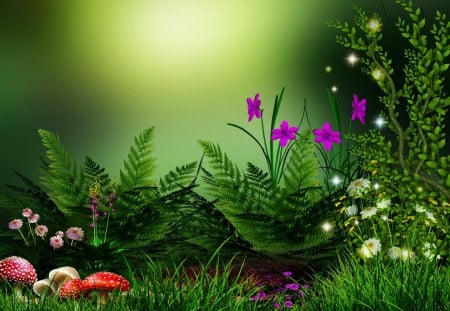 Dream tales - nice, mushrooms, freshness, paradise, magic, greenery, colorful, spring, pretty, grass, summer, dream, lovely, nature, beautiful, tales, flowers