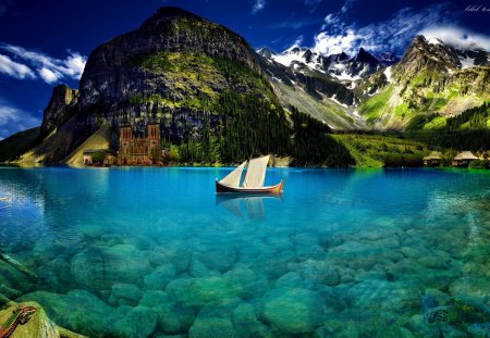 Crystal blue lake - nice, clear, mirrored, fantasy, underwater, crystal, pretty, reflection, river, castle, snowy, boat, lake, mountain, shore, peaks, lovely, nature, blue, photoshop, beautiful, sailboat, sea