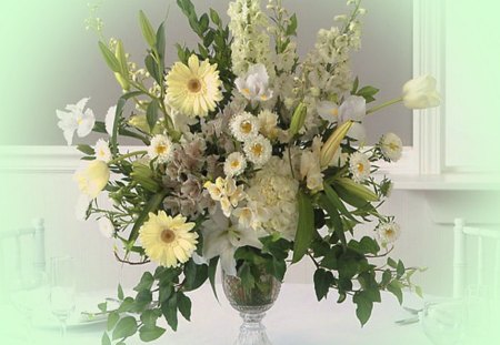 Soft beauty - flowers, vase, white, yellow, leaves