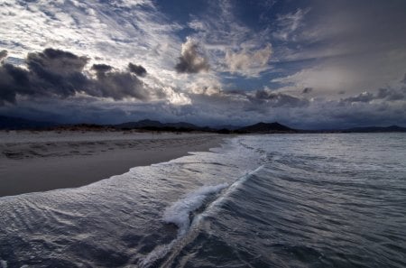 sea wave coming on shore - beach, wave, sea, clouds