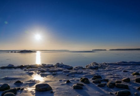 crisp clear sundown on icy bay - bay, sundown, clear, ice