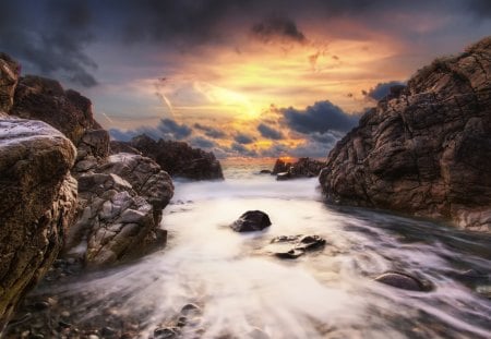 fantastic sky over rocky sea inlet hdr - sky, rocks, clouds, inlet, sea, hdr