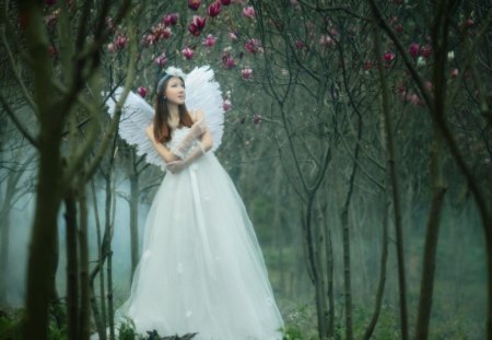 Angel in the forests - flowers, white dress, forests, trees, girl, angel