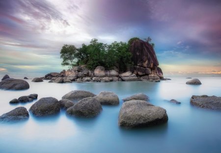 wonderful rock island - trees, clouds, island, sea, rocks