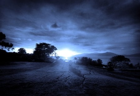 wonderful dark twilight - clouds, field, dark, sea, twilight