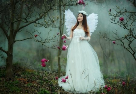 Angel in the forests - white, forests, flowers, girl, angel