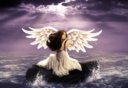 Angel - sky, art, angel, wings, digital, sea, wave, rocks