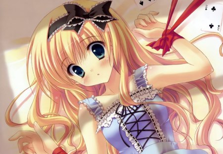 anime girl - manga, anime, black ribbon, dress, blonde, poker, alice