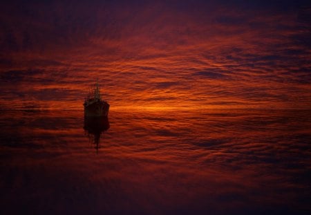 Sunset - ship, sunset, landscape, cloud