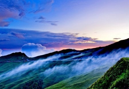 mountain road in fog hdr - fog, hdr, road, grass, mountains