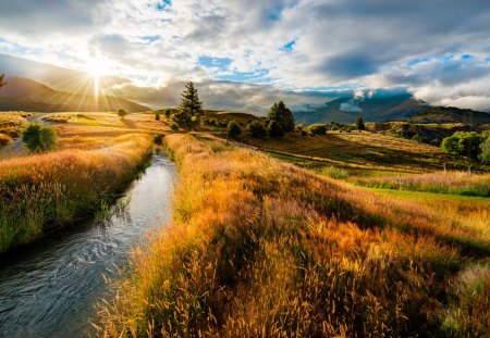 spectacular sunrise landscape - clouds, road, stream, sunrise, grass