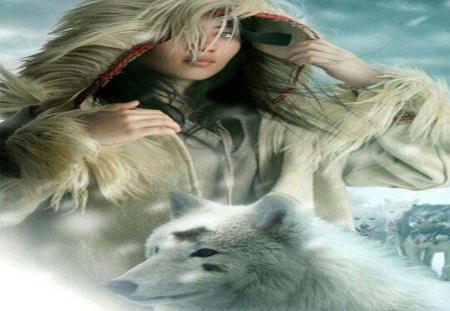 Her And Her Guardians - woman, wolves, abstract, animals, fantasy