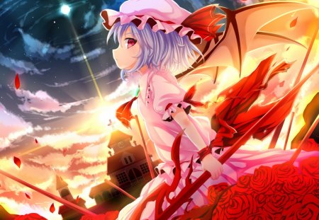 Remilia Scarlet - cross, wings, girl, red