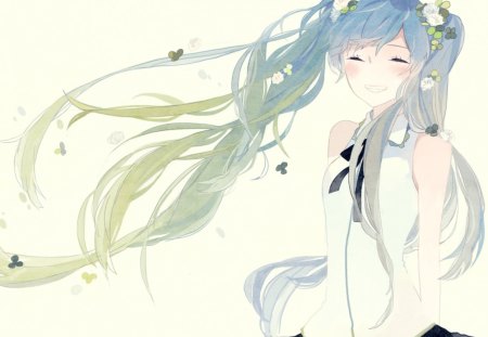 Hatsune Miku - hatsune miku, clovers, blue, green, flowers