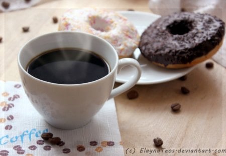 Coffee and Donuts - saucer, cup, donuts, coffee