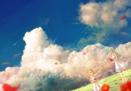 ~Picking Poppies~ - hatsune miku, sky, field, white dresses, spring, rin kagamine, clouds, vocaloid, petals, beautiful, anime, rainbows, friends, afternoon, flowers, poppies