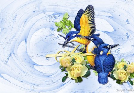 Blue Birds - flowers, pretty, birds, yellow, blue, beautiful, cute, spring