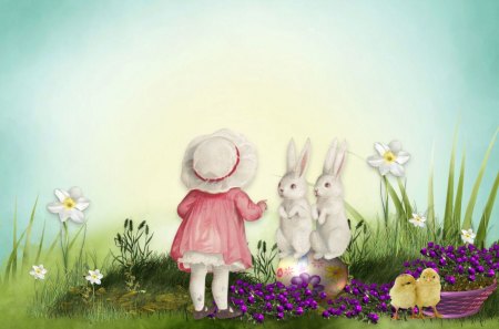 Egg Sitting - yellow, blue, girl, spring, pink, bunny, rabbite, easter, flowers, white, easter eggs, purple, green, garden, chicks