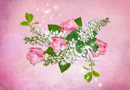 Pink Flowers - flowers, pretty, roses, white, beautiful, green, pink