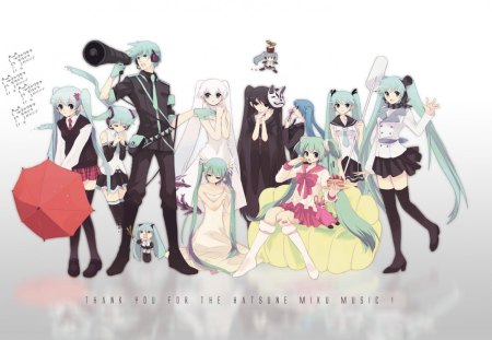 ~Hatsune Miku~ - hatsune miku, long hair, ponytails, cake, vocaloid, umbrella, anime, hachune miku, group, guy