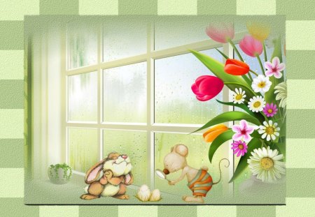 I think I found an Easter Egg - rabbit, mouse, spring, pink, bunny, easter, flowers, daisies, tulips, white, holiday, purple, red, green