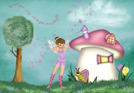 Let Your Fairy Wings Fly - mushroom, trees, magical, wings, fantasy, white, yellow, pink, fairies, green, fairy, house, cute