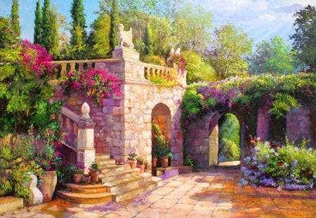 Mediterranean colors - mediterranean, summer, pretty, arch, beautiful, flowers, art, garden, nice, lovely, trees, nature, colors, painting, park, colorful