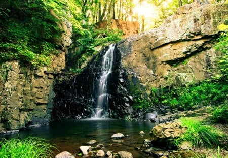 Forest fall - pretty, calm, stream, grass, forest, nice, falling, greenery, water, beautiful, lovely, stones, fall, nature, waterfall, rocks, waterscape