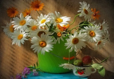 Still life - delicate, pretty, soft, beautiful, flowers, tender, spring, vase, still life, cup, fresh, freshness, nice, lovely, daisies, colorful