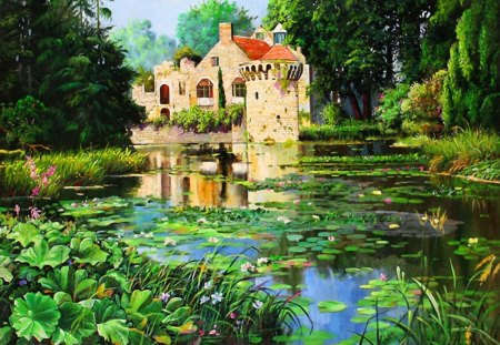 Lake house - pretty, quiet, lilies, summer, forest, willow, reflection, leaves, calmness, flowers, countryside, lake, nice, cottage, castle, house, greenery, trees, water, beautiful, pond, lovely, lakeshore, painting, serenity, peaceful