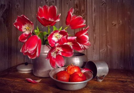 Still life - pretty, vase, delicate, beautiful, lovely, freshness, still life, bouquet, flowers, apples, fresh, tulips, red, tender, nice, fruits