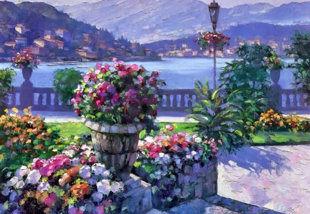 Lake view - countryside, coast, painting, view, art, river, grass, garden, fence, lake, mountain, park, summer, shore, nature, village, town, flowers, sea