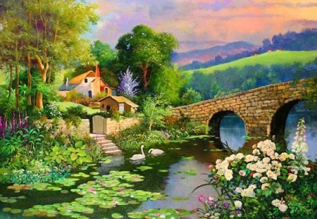 Lovely lake house - nice, cottage, sky, trees, paradise, peaceful, greenery, calm, painting, art, quiet, pretty, pond, bridge, stone, lilies, swans, mountain, lovely, serenity, nature, lonely, beautiful, leaves, flowers, cabin