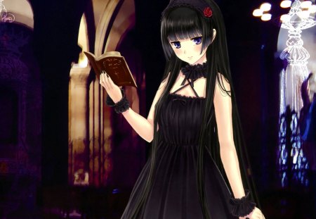 Black Lolita - pretty, anime, female, book, dress, long hair, lolita, dark, nice, gown, anime girl, beautiful, hot, girl, beauty, lovely, sweet, black, black hair, cute, sexy