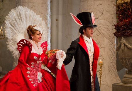 Julia Roberts and Armie Hammer - ears, dress, man, red, candles, hat, actor, queen, Armie Hammer, beauty, actress, black, white, peacock, woman, cute, couple, prince alcott, julia roberts