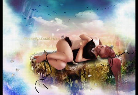 âœ°.Love..Love..Kitty.âœ° - girls, black cat, models, people, animals, eyes, hair, colorful, wings, face, cool, digital art, adorable, kitten, charm, butterfly, bow, beautiful, photo manipulation, sweet, dress, women, beauty, sky, lips, female, ribbons, fantasy, pretty, clouds, cute, butterflies, love, cat, kitty, lovely, flutter, bright, colors