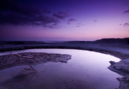 tidal pool in purple dusk - purple, dusk, pool, beach, sea, log