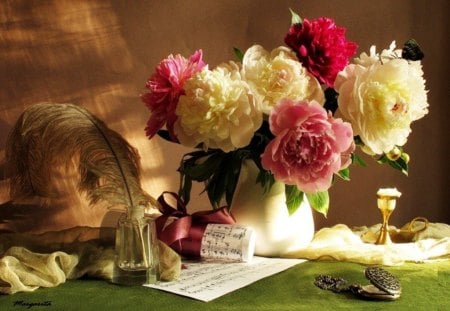 Still life - pink, flowers, spring, song, vase, still life, peonies, music, nature