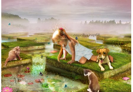 ✰.Another Beautiful Day.✰ - pretty, lilies, female, dog, children, flowers, landscapes, face, lotus, kids, pond, looks, digital art, beauty, colors, love, hair, girls, lips, nature, wings, butterfly, cute, animals, photo manipulation, flutter, reflections, people, butterflies, dress, eyes, leaves, grasses, kitten, sky, clouds, water, beautiful, charm, cool, lovely, sweet, cat, colorful, fantasy, bright, adorable, bridge, kitty