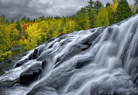 Bond falls - nice, slope, autumn, sky, trees, water, stream, colorful, waterfall, fall, pretty, clouds, falling, cascades, flow, lovely, bond falls, nature, forest, beautiful